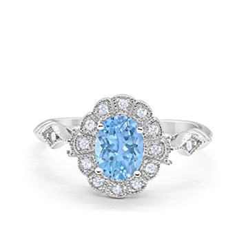 Oval Art Deco Enagement Bridal Ring Simulated Aquamarine CZ 925 Sterling Silver